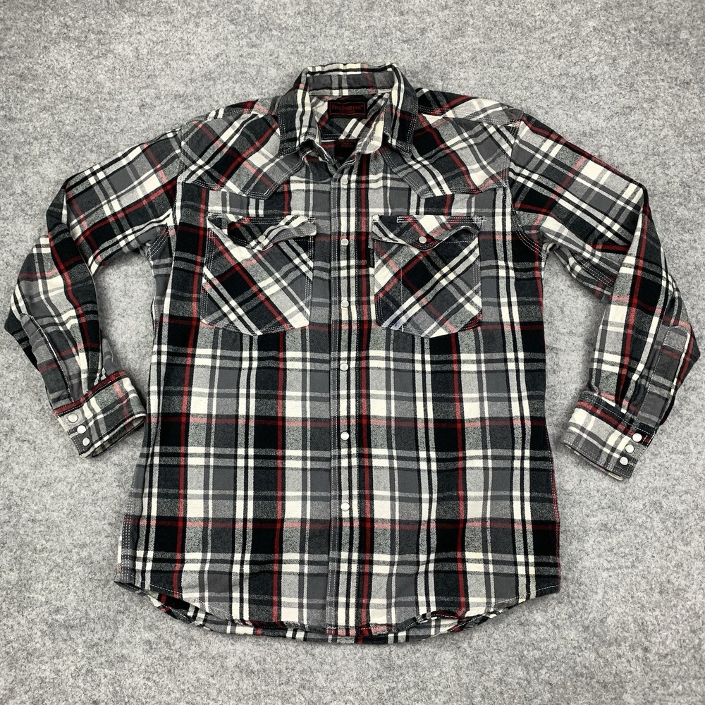 Five Brothers Mens Size M Snap Heavy Duty Flannel Shirt in Gray & Red Plaid